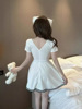 Deep V-neck， waistband， slim bow， A-line dress
