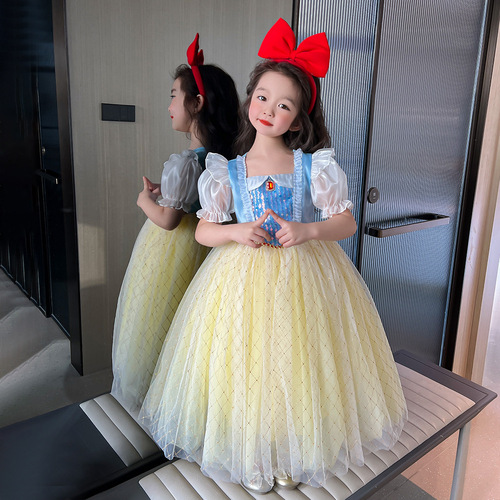 Snow White Girls 2024 Korean Style New Elsa Dress Children's Short Sleeve Dress Baby Princess Dress