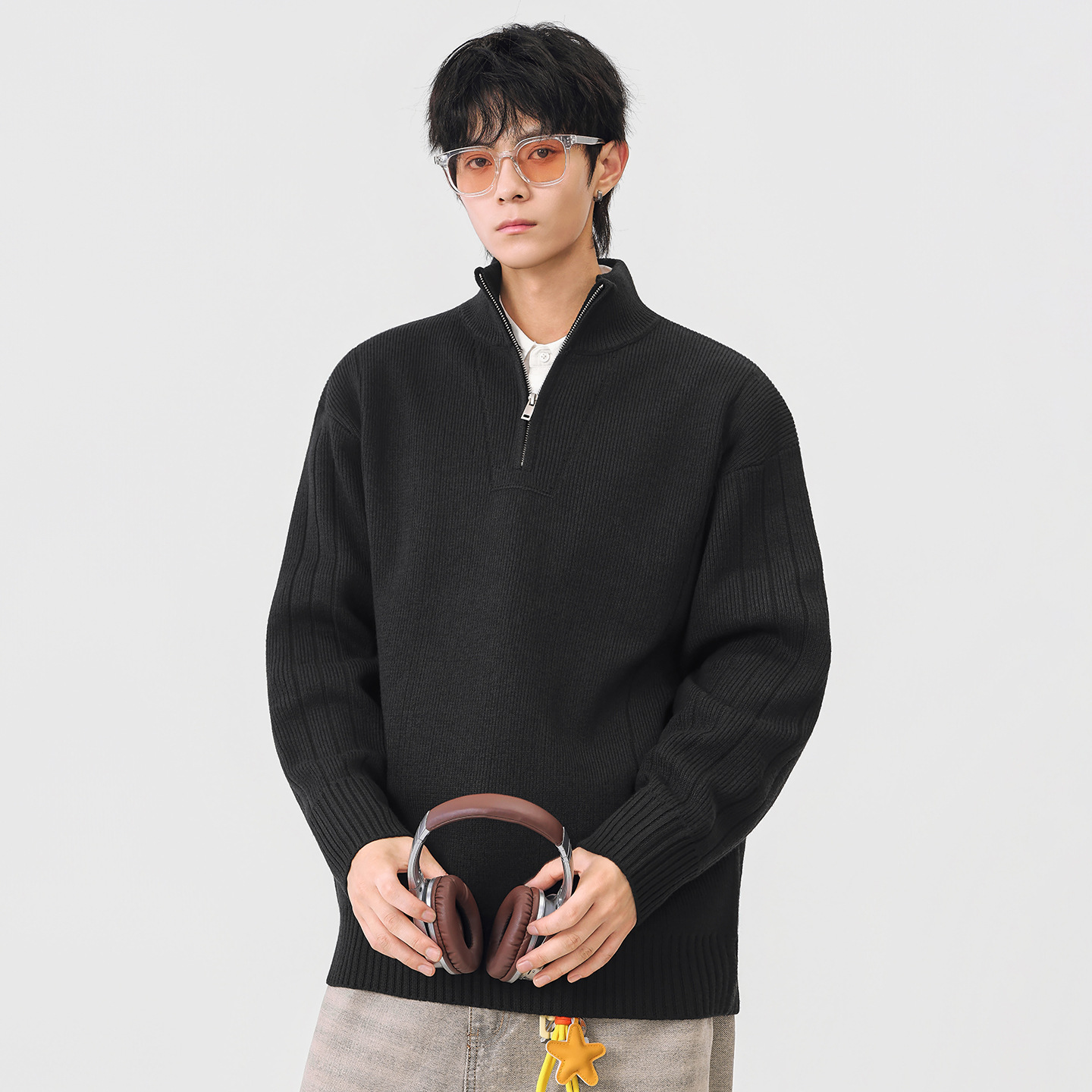 Jacket de cuello vertical japonés retro color sólido suéter versátil abrigo 2025 otoño invierno nuevo peso suelto