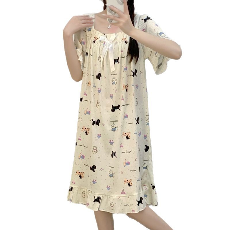 Princesa viento pijama de verano mujer tela de algodón gancho vestido de pijama de mangas cortas suelto tamaño más grande 200 kg se puede usar ropa para el hogar