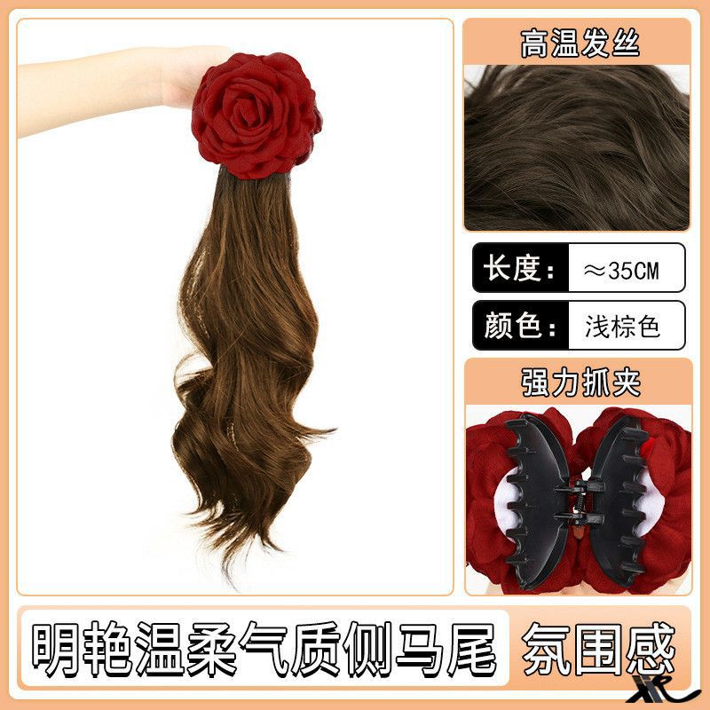 Peluca de cola de caballo mujer rojo neto corbata lateral flor de rosa pinza simulación natural cabello ondulado cabello rizado peluca trenzada cola de caballo