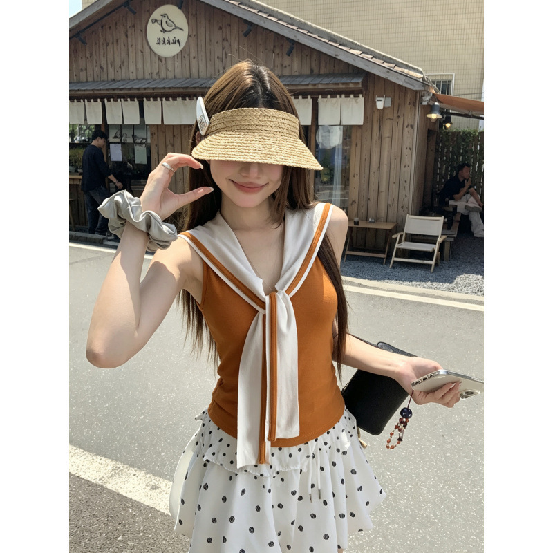 Summer College Style Contrasting Color Navy Collar Vest for Outer Wear, Slim Fit, Fashionable Short Vest for Women