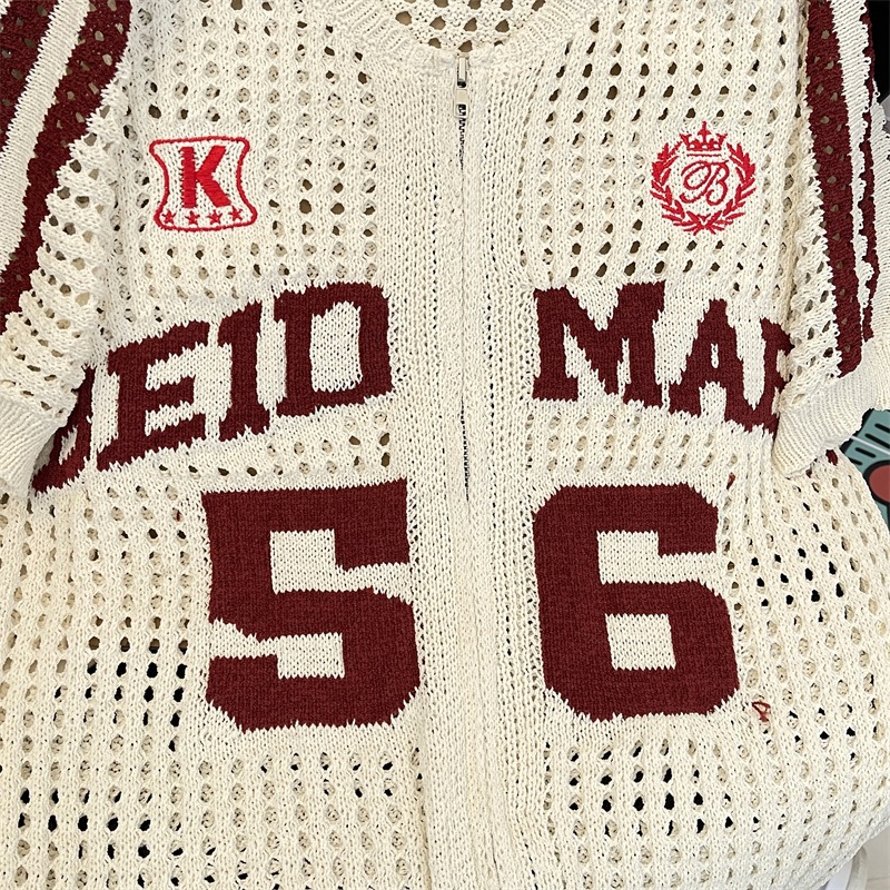 Unisex Retro Letter Print Mesh Knit Cardigan - Breathable Summer T-Shirt Jacket For Men & Women​_voghion.com