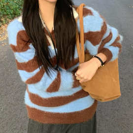 韩国东大门女装ins 气质条纹撞色polo领宽松套头毛针织衫