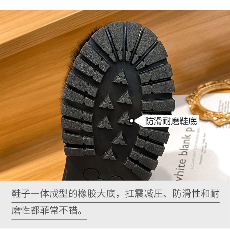 Giày bông nữ gót vuông thấp lót lông thỏ giữ ấm, mũi tròn, đế dày — Màu xám, Màu đen chi tiết 12