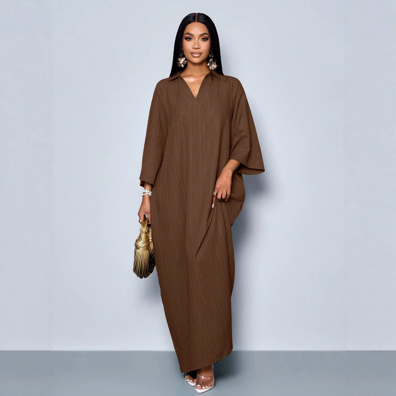 2025 Spring and Autumn Cross-Border Shein Women's New Solid Color Draped Texture V-Neck Long Dress Modern Style Dress for Women 2025 Spring and Autumn Cross-Border Shein Women's New Solid Color Draped Texture V-Neck Long Dress Modern Style Dress for Women