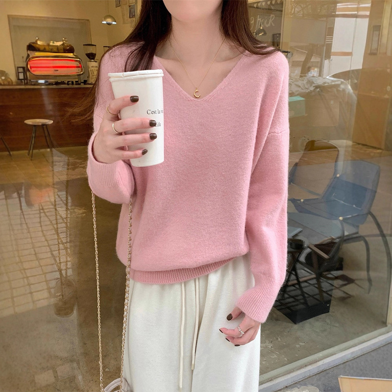 简约v领针织衫女秋冬新款ins基础款宽松内搭上衣休闲百搭打底毛衣|undefined