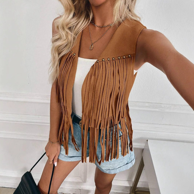 European and American Cross-Border Women's Tassel Vest Hippie Imitation Suede Rivet Sleeveless Tassel Jacket
