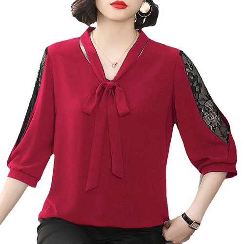 Chiffon shirt, super fairy v-neck pullover with bow, mid-sleeves, loose large size, belly-covering lace bottoming shirt