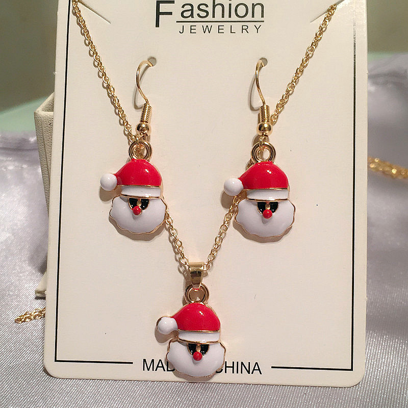 12g Weight Jewelry Set Classification Earrings + Necklace Quantity Holiday, Daily Occasion Alloy Material Christmas Festival Santa Claus Pattern Women's Gender Enamel, Flakes Design Cute, Simple Style Style Cute Simple Style Santa Claus Alloy Enamel Flakes Christmas Women's Jewelry Set 6