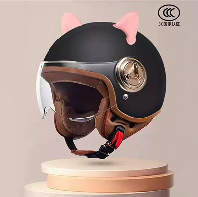 Retro Helmet, Safety Helmet, Half Helmet, Motosiklet kaskı (dəbilqə) - 801-new-national-standard-class-a-3c-certification-matte-black-short-lenses-pink-rabbit-ears-free-size