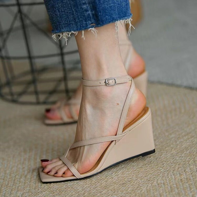 Unique 2024 Summer Women's Wedge Sandals in Apricot Color, High Heel, Single Strap, Platform, Solid Color, Hollow Design, Wholesale Unique 2024 Summer Women's Wedge Sandals in Apricot Color, High Heel, Single Strap, Platform, Solid Color, Hollow Design, Wholesale