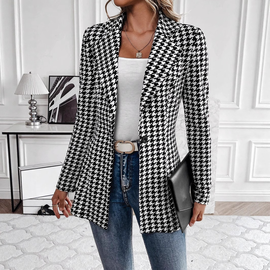 Elegant Houndstooth Slim Fit Blazer For Women Workplace Style_voghion.com