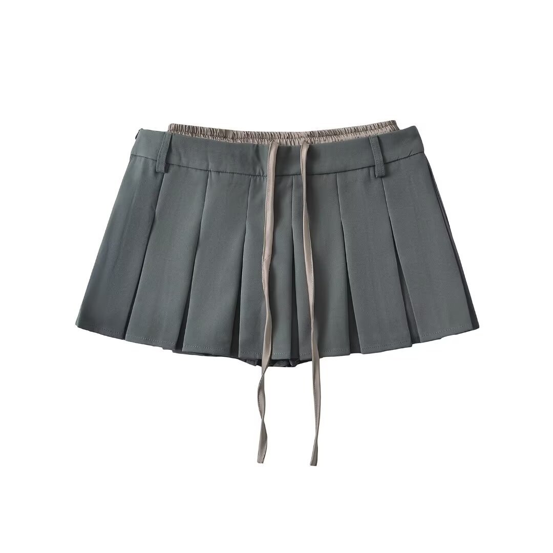 Preppy girly fake two piece waist spliced ​​elastic pleated skirt…