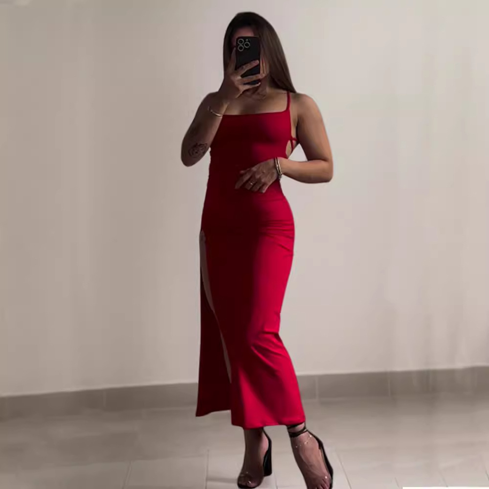 2024 European And American Sexy Women's Slim-fit Sleeveless Strapless Back-tie Open-back Slit Long Dress_voghion.com
