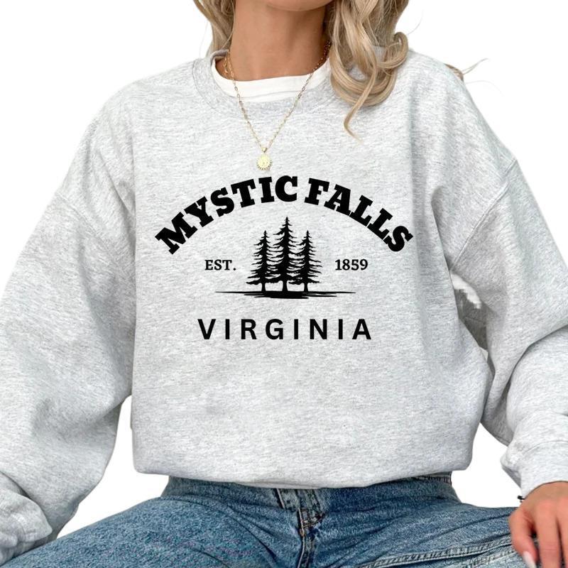 【Cross-Border European Size】Mysterious Waterfall Town Forest Pattern Print Women's Fleece Crewneck Sweatshirt Trendy and Comfortable