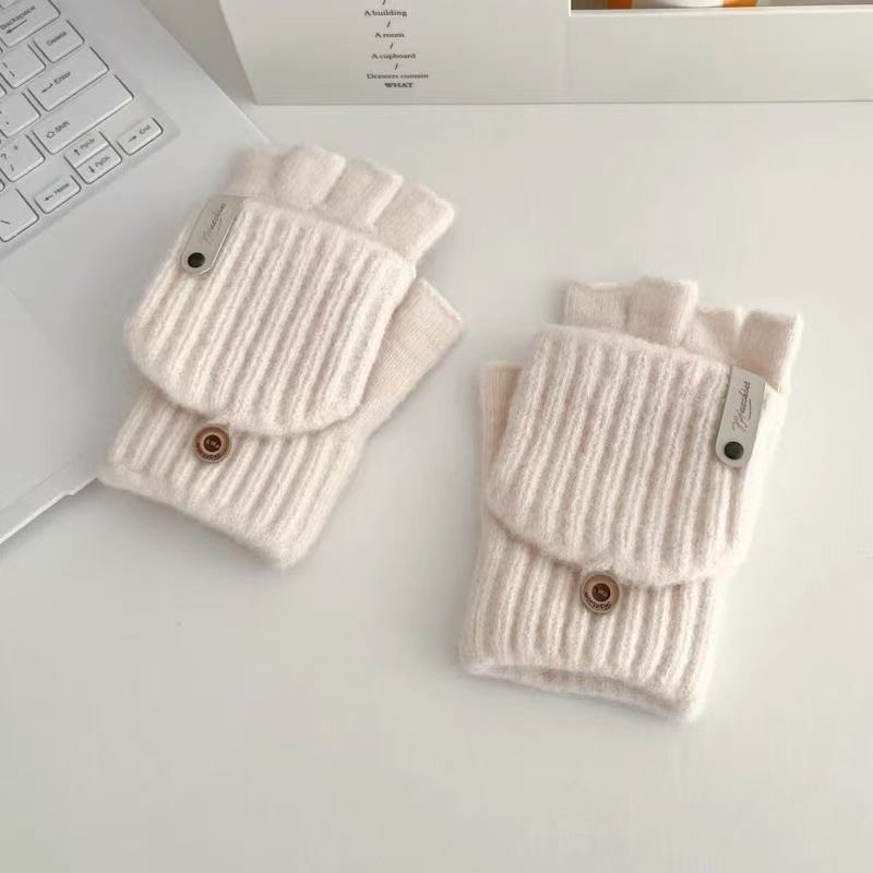毛绒翻盖手套女露半指学生写字保暖加厚秋冬季针织防寒骑行可触屏|undefined