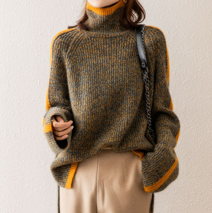 2026 High-Neck Sweater for Women, Thickened Retro Style, Autumn and Winter Japanese Style New Loose Fit Outerwear, Color-Blocking Knitwear 2026 High-Neck Sweater for Women, Thickened Retro Style, Autumn and Winter Japanese Style New Loose Fit Outerwear, Color-Blocking Knitwear