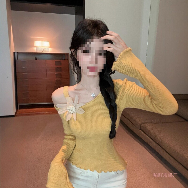 Autumn and Winter Asymmetrical Diagonal Collar Three-Dimensional Floral Knit Sweater for Women with a Sweet and Spicy Design, Versatile Top with Ruffled Edges