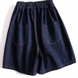蓝灰色牛仔短裤水洗文艺松紧腰直筒阔脚裤女春季新款五分高腰短裤