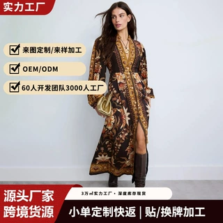 欧美跨境爆款复古民族风印花连衣裙立领灯笼袖纽扣开衫式度假长裙