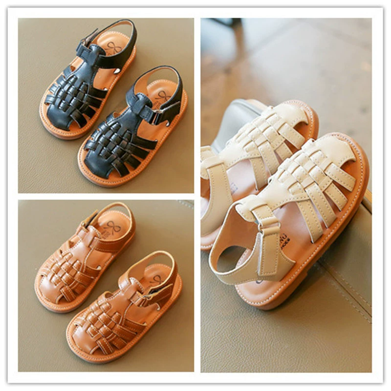 Римские сандалии для девочек в Корейском стиле 2023 летняя новая детская полая дышащая Маленькая кожаная обувь сандалии с носком оптом