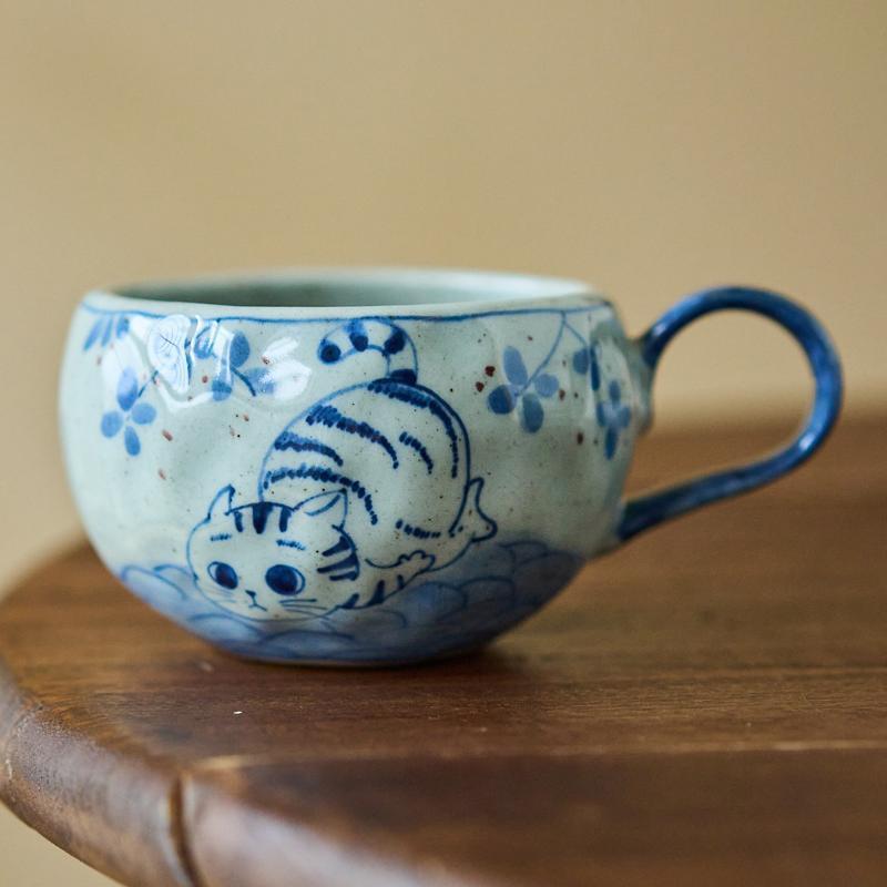 Tao Meiji 手描き青と白の磁器コーヒーカップ手作りかわいい猫マグ家庭用セラミックウォーターカップ朝食カップ|undefined