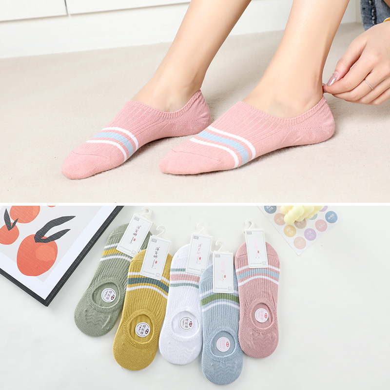 Haibina spring and summer women's invisible socks simple double needle shallow mouth cotton socks striped boat socks breathable socks wholesale