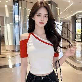 网红洋气炸街女装上衣夏季新款辣妹欲风紧身撞色斜领短袖恤女