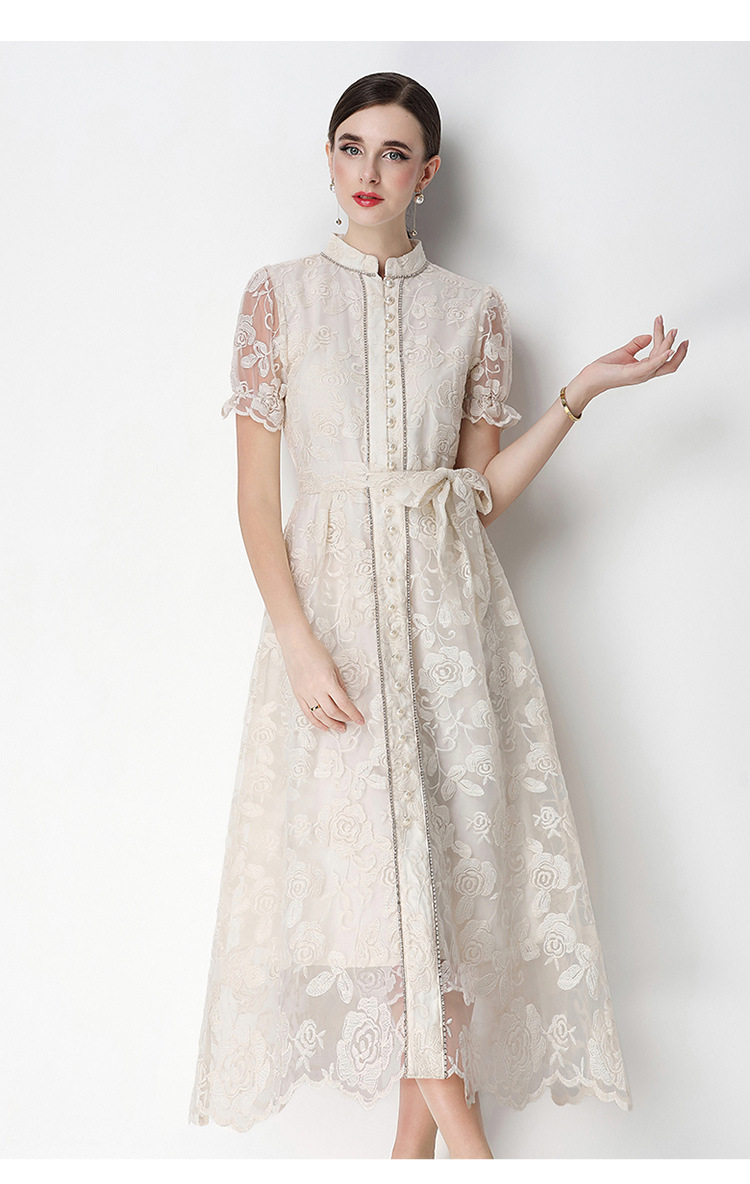 Đầm maxi nữ thêu ren họa tiết rỗng, tay ngắn, cổ tròn, thắt eo, dài qua gối — xanh lam, màu hồng, màu mơ chi tiết 19