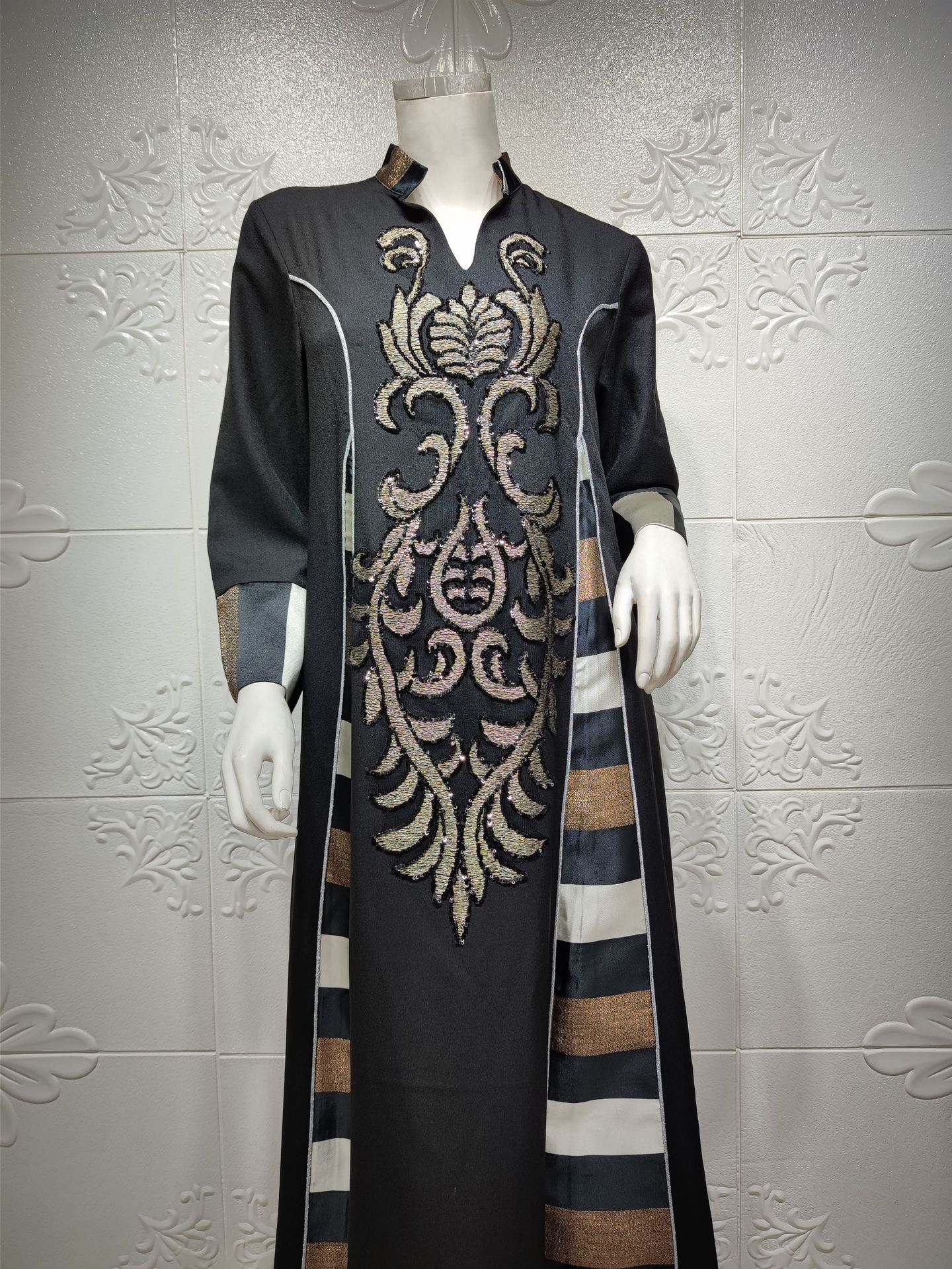AB052跨境外贸中东女装绣花条纹abaya穆斯林阿拉伯迪拜muslim长袍详情34