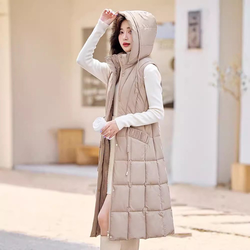 Alergar el chaleco de algodón sobre la rodilla para mujeres 2024 otoño y invierno nuevo chaleco de hombro de cintura de moda versátil abrigo grueso de moda