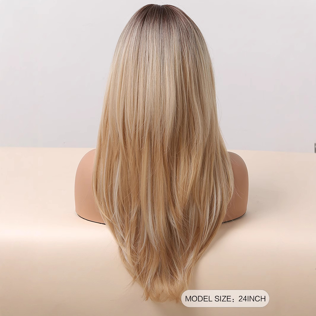 Peluca popular transfronteriza, flequillo dorado de ocho caracteres, pelo largo y liso degradado, tocado completo, pelucas de malla rosa de seda mate