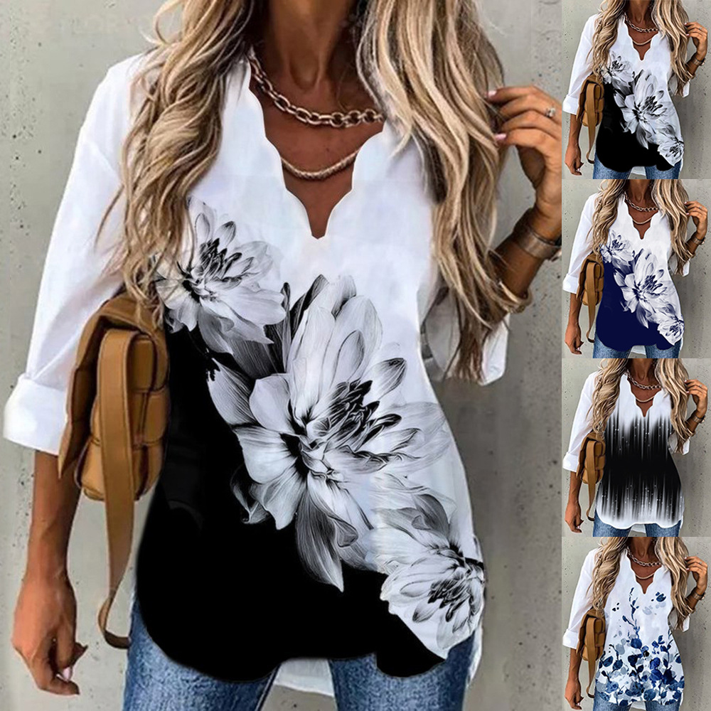 136g Weight Long Sleeve Sleeve Length Pullovers Placket Type Wholesale Women'S Fashion Flower Long Sleeve Printing Ruffles Blouses