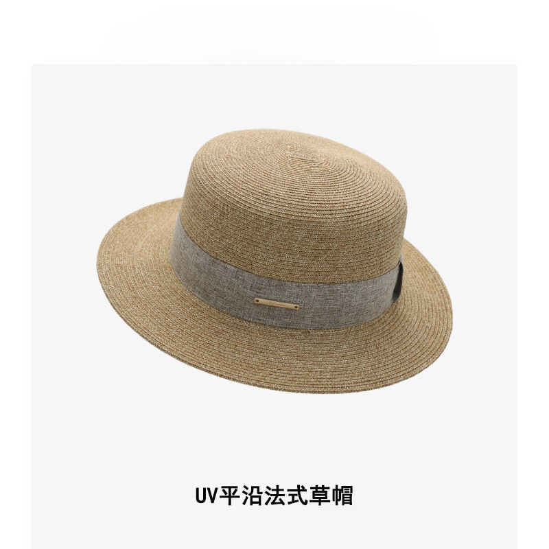 日本製 UV 抗 UV フラットつばフラットトップ麦わら帽子エレガントなリボン夏の日焼け止め帽子女性用|undefined