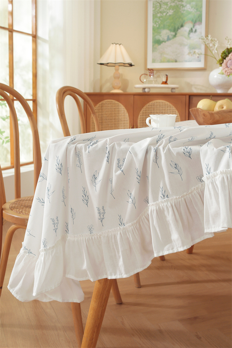 Cotton Printed Green Floral Tassel Tablecloth For Dining Table_voghion.com