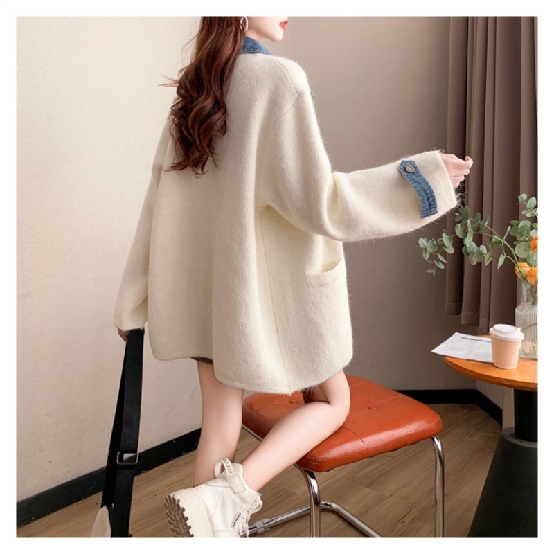 Damen Strickjacke Mit Denim-einsätzen Langer Strickpullover_voghion.com
