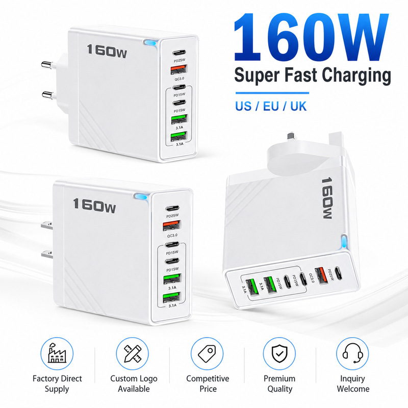 3Pd+3Usb Mobile Phone Charger 5V3.1A 6-in-1 European, American and British Standard 160W Multi-Port Adapter Charging Head 3Pd+3Usb Mobile Phone Charger 5V3.1A 6-in-1 European, American and British Standard 160W Multi-Port Adapter Charging Head