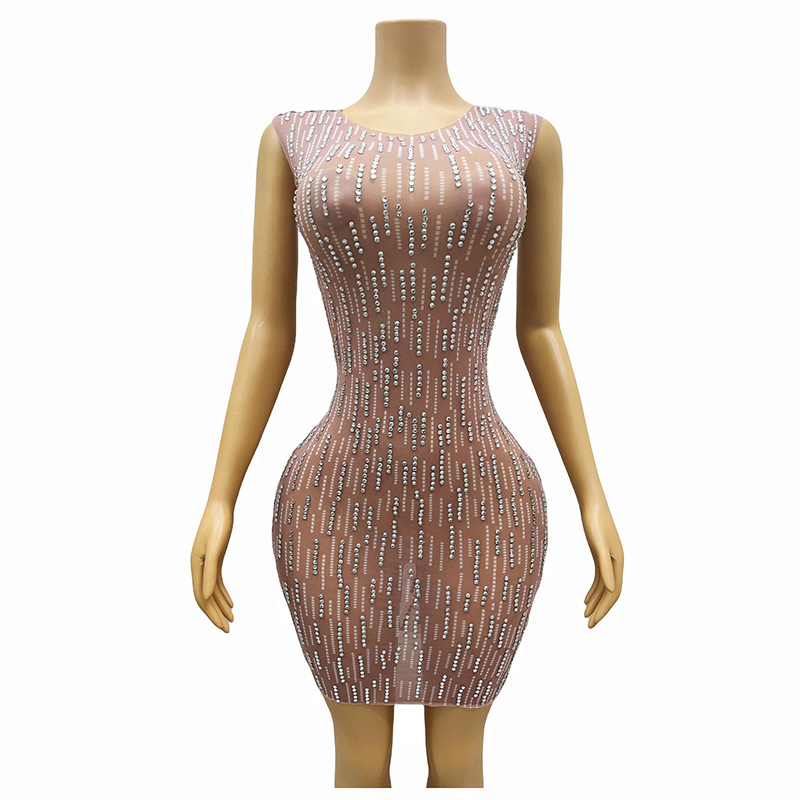 dropshipping flesh-colored sexy see-through dress ultra-short Sheath beaded design cross-border European and American dress