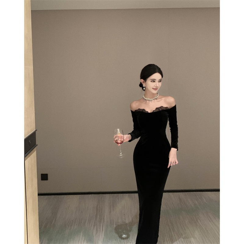Real shot real price autumn and winter new velvet one word collar lace stitching long sleeve dress long