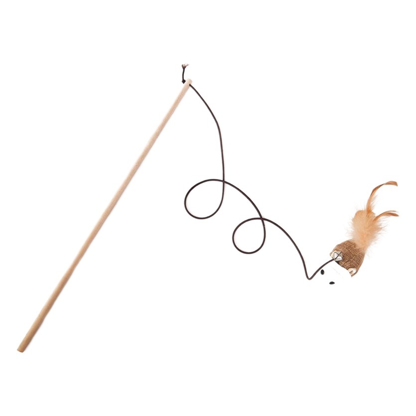 Juguete para gatos hecho a mano con varilla de madera, campana, cuerda de papel, bola, pluma de lino, ratón y varilla de madera para provocar al gato.