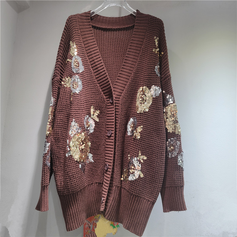 Diseño único de lentejas, cuerpo hermoso y pesado, diseño de flores, chaqueta de punto, cardigan para mujeres.