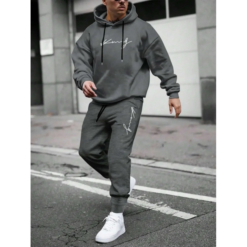 跨境2025男士套头运动衫字母印花时尚宽松连帽卫衣外套男装秋套装