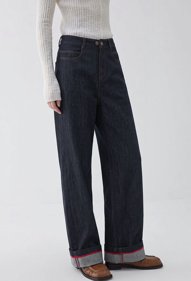 Quần jean ống rộng nữ lưng cao dáng suông dài phong cách thoải mái — Sâu denim xanh chi tiết 1