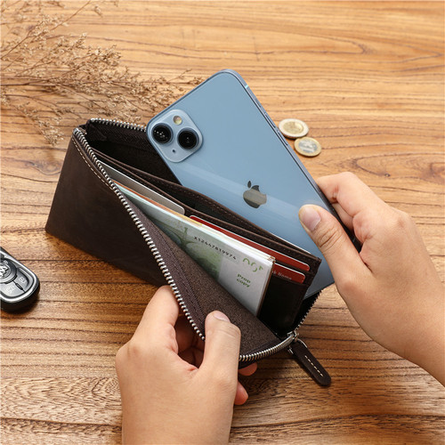 Men's retro Crazy Horse first-layer cowhide long wallet large-capacity genuine leather zipper wallet simple multi-card slot wallet