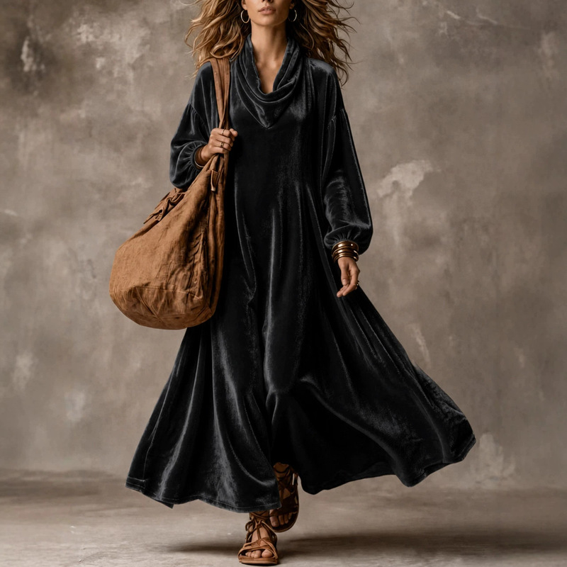 Maillard Korean velvet turtleneck dress, relaxed and loose-fitting long-sleeve maxi dress, cross-border women's clothing