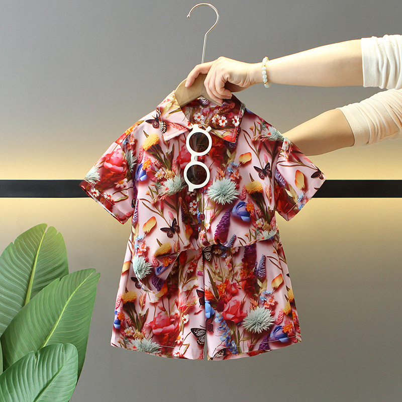 7874 traje de manga corta de verano para niños 2025 nueva camisa para niños de dos piezas ropa de vacaciones de verano para bebés de moda