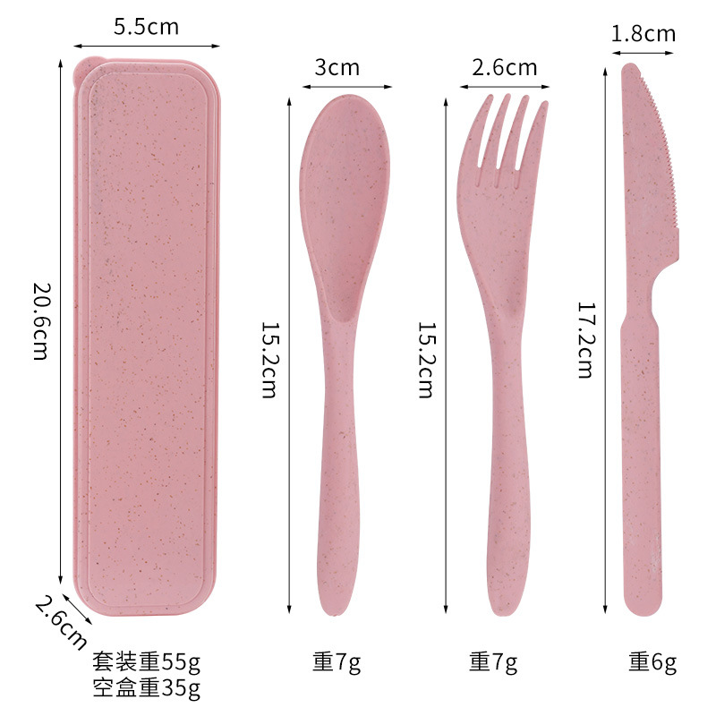 Set de 3 cubiertos de paja de trigo, portátil, para oficina y viajes