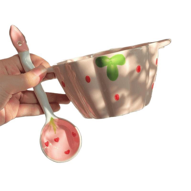 ピンクベリー双耳カボチャセラミックボウルデザートボウル家庭用スープヌードルボウルガールハート食器インスタントラーメンボウル大容量スプーン付き|undefined