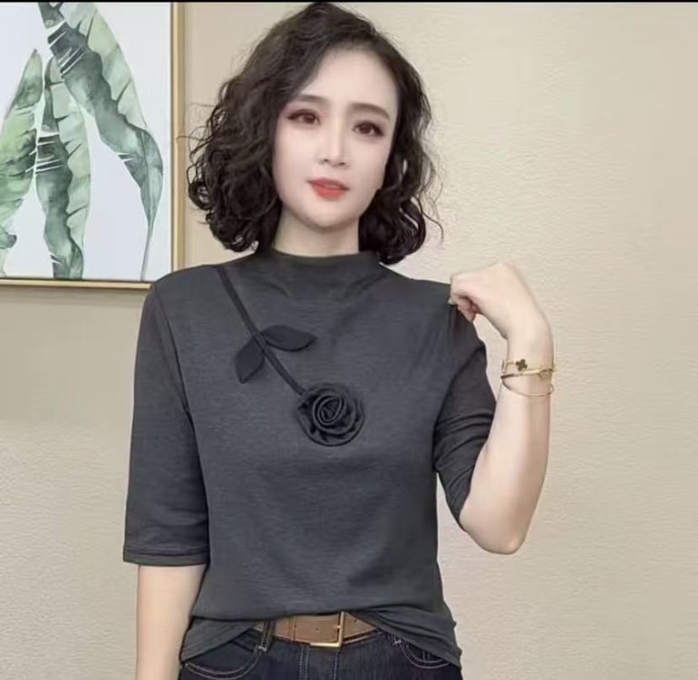 一件代发直播爆款2025早秋新款立体手工花中袖半高领气质百搭上衣|undefined